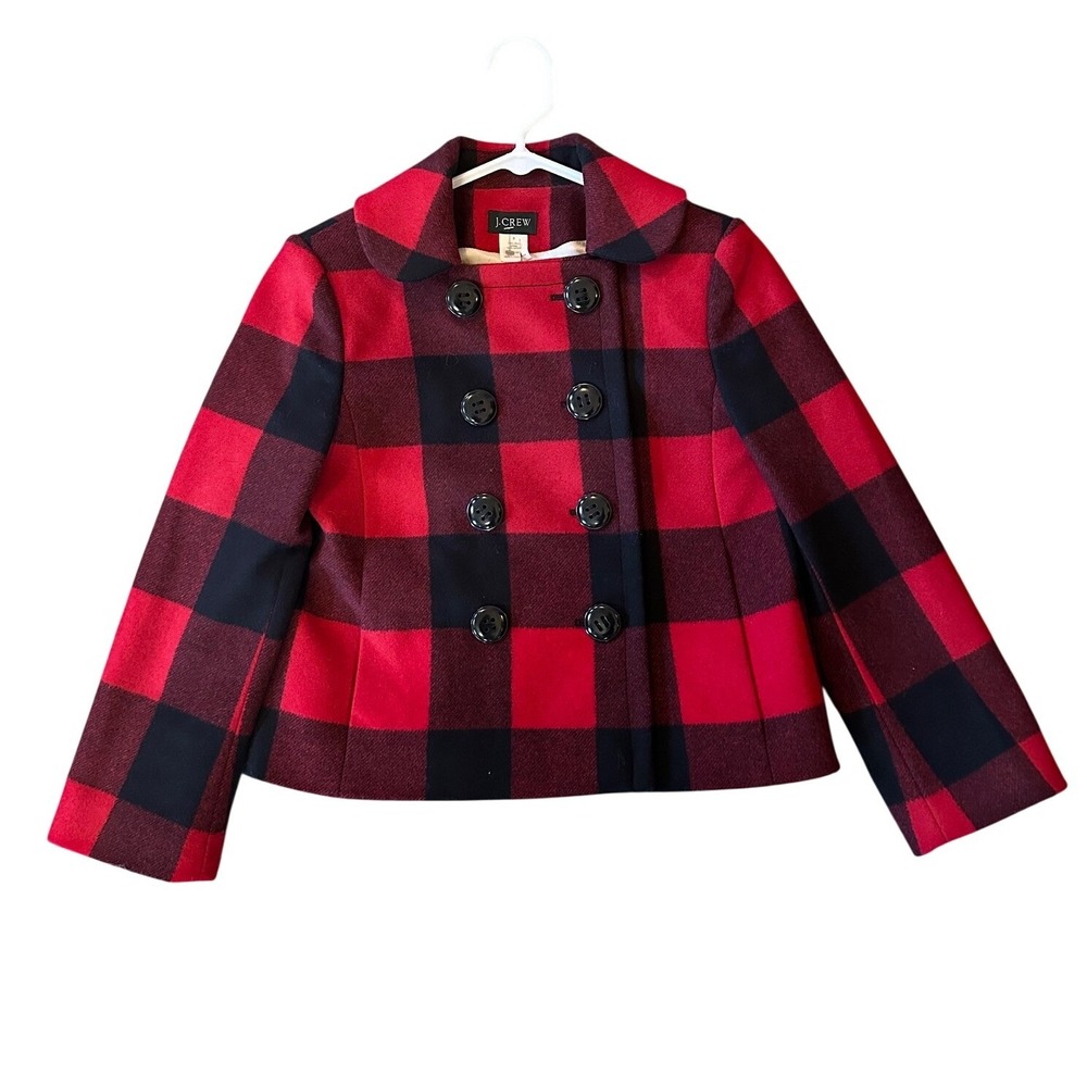 J.Crew Womens Red Black‎ Buffalo Check Wool Cropped Peacoat Jacket Size 0